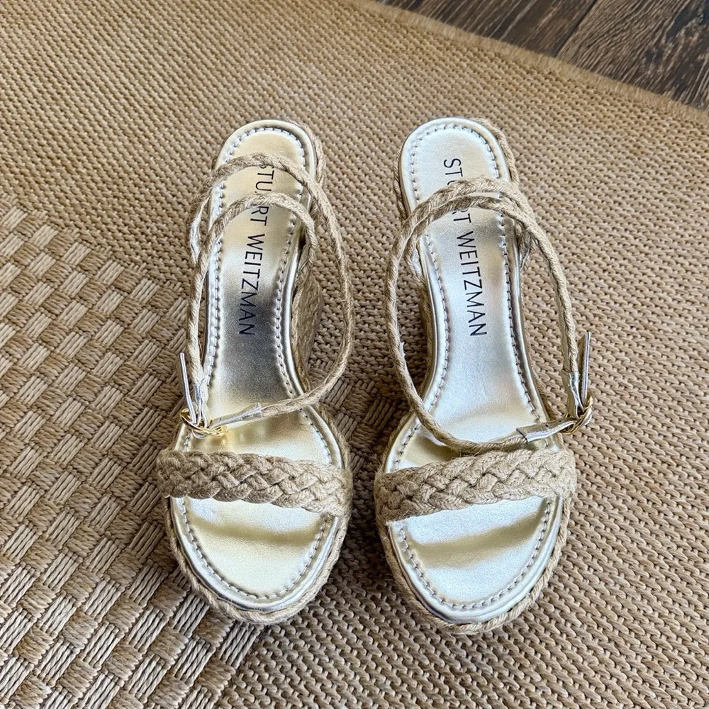 Stuart Weitzman Women’s Brada Strap Gold/Natural Espadrille Wedge Sandals—9.5
